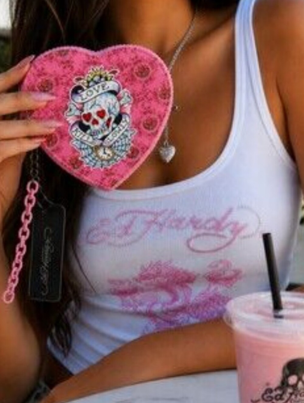 Ed Hardy-Heart🩷Shaped Zip Wristlet Pouch with Tattoo Graphic